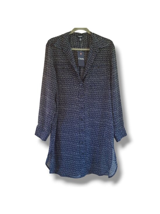 Chaps Tops - Women's Chaps Button Down Blouse SZ L Navy White Polka Dot Sheer Tunic NWT